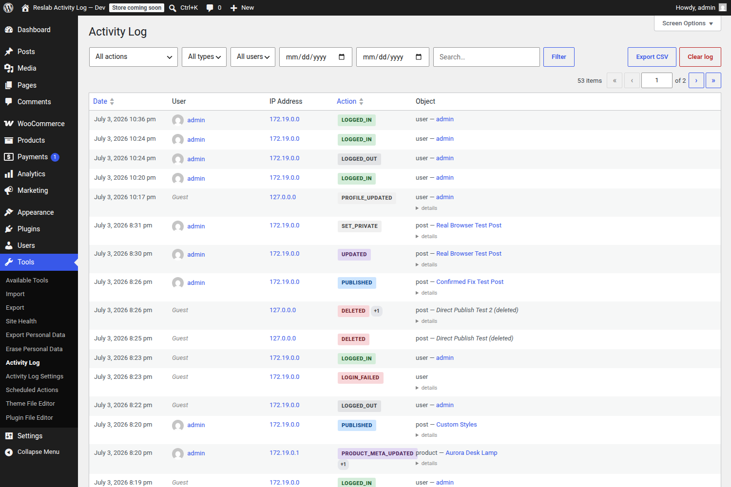 The activity log table with filters for action, object type, user, date range, and search