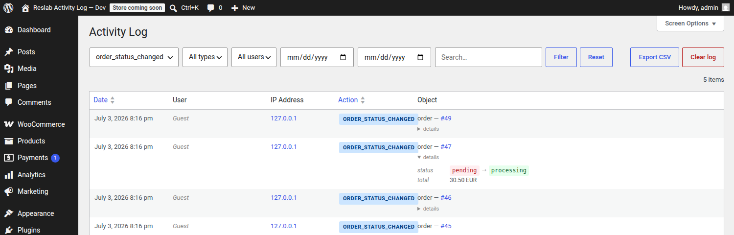 An expanded before/after diff for a WooCommerce order status change