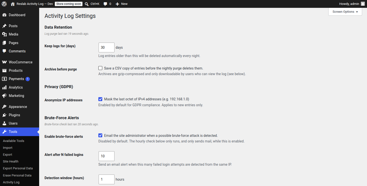 The settings page with data retention, archiving, GDPR, and brute-force alert options