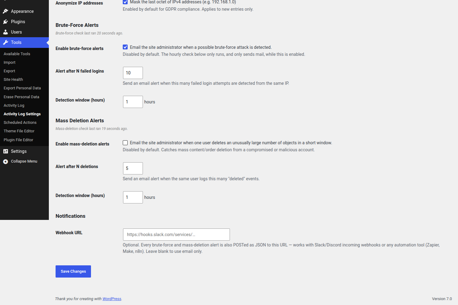 Settings continued: mass deletion alerts and webhook notifications